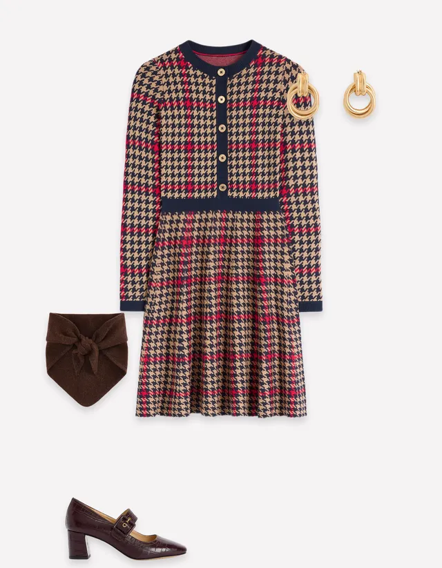 Crew Neck Jacquard Dress - Navy, Camel, Red Check | Boden USA